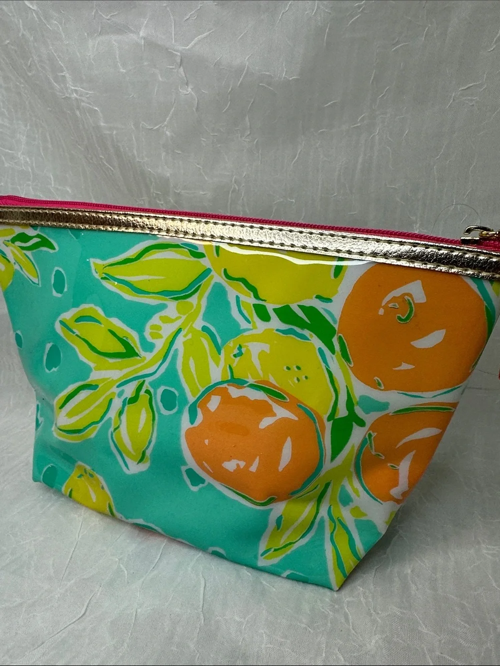 Lilly Pulitzer for Estée Lauder Aqua Lemon Print Cosmetic Pouch with Pink Trim